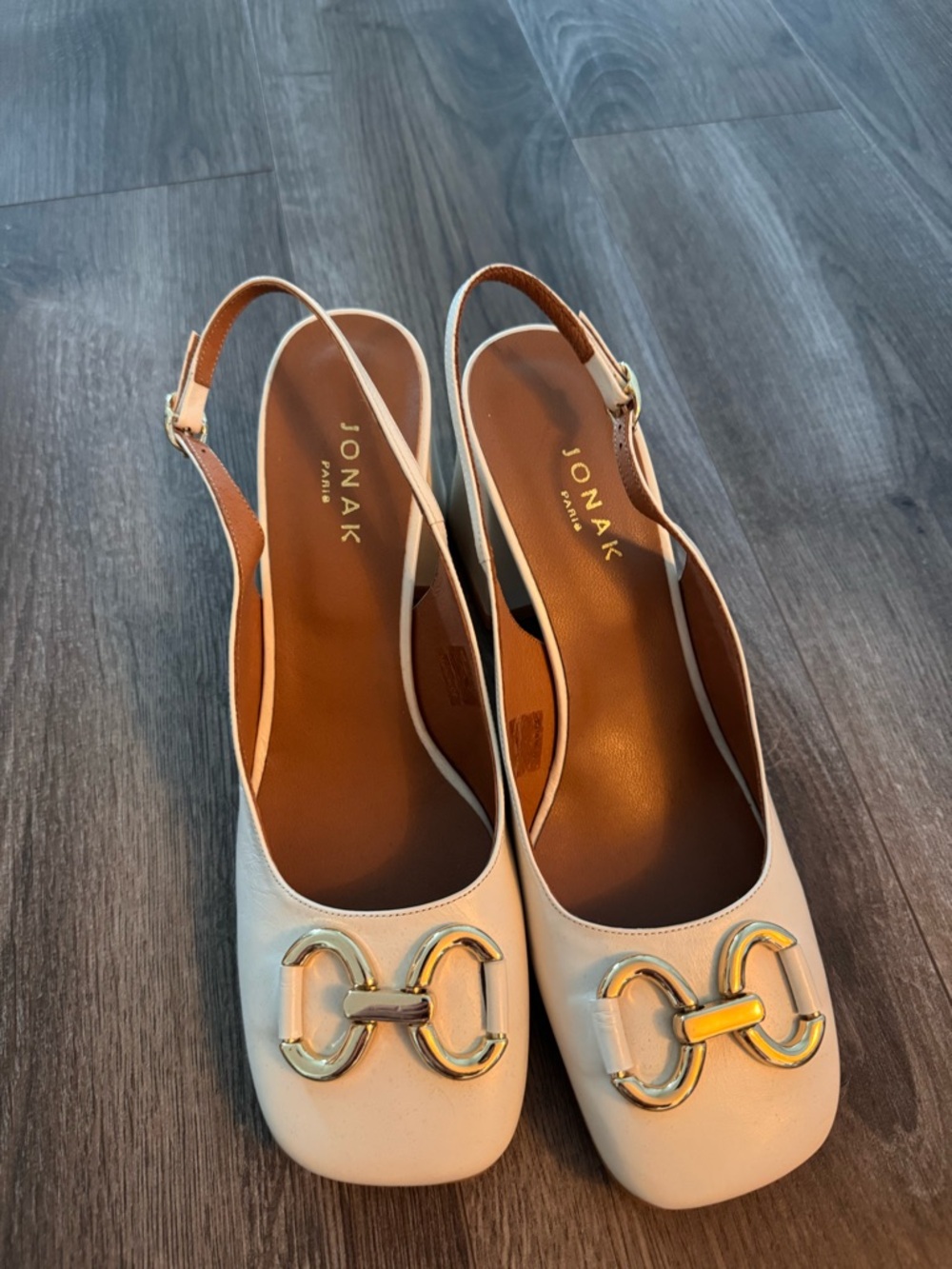 Jonak Cream Slingback Flats with Gold Buckle